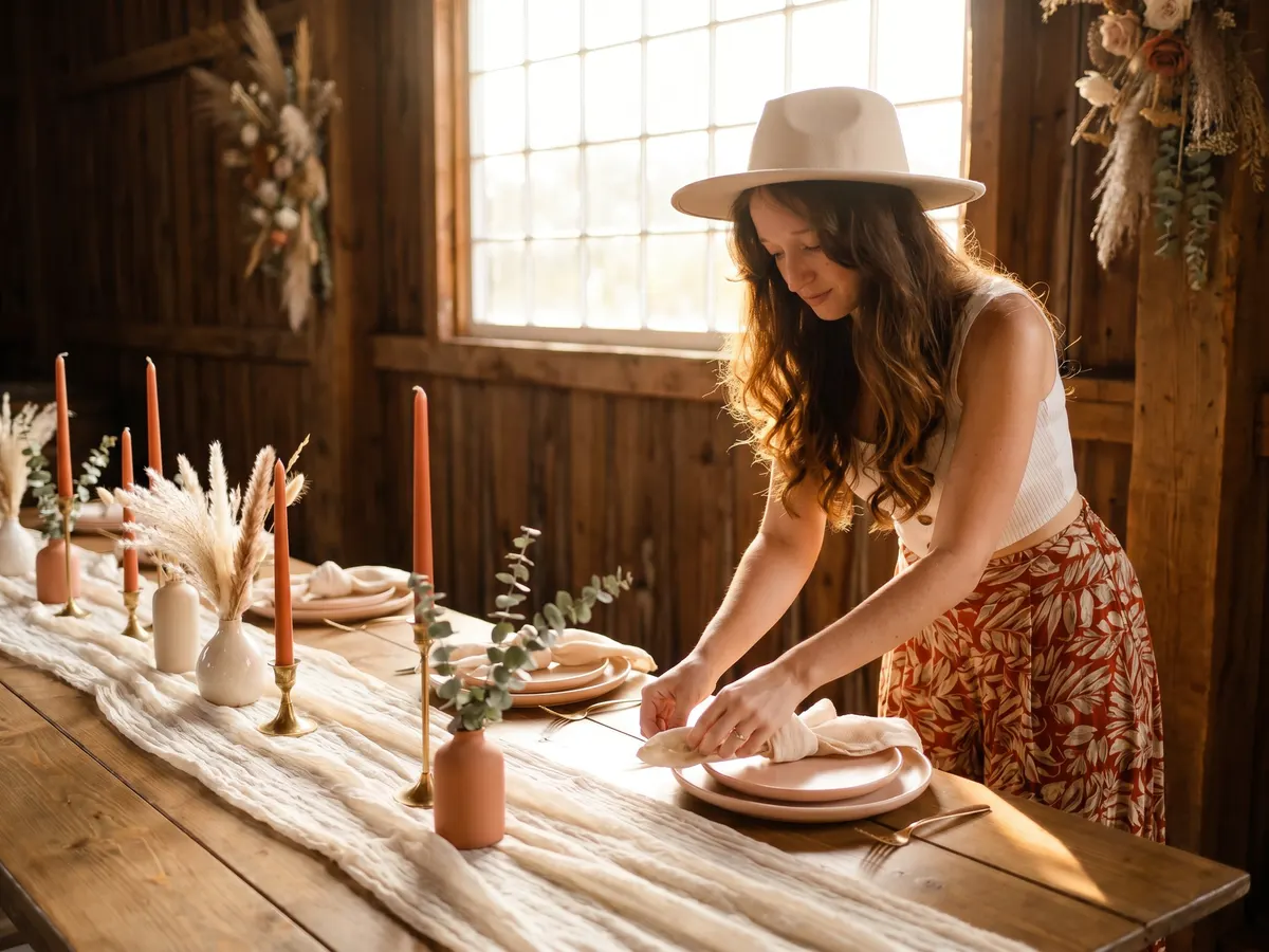 Eelke stylet een boho bruiloftstafel met terracotta kaarsen en droogbloemen